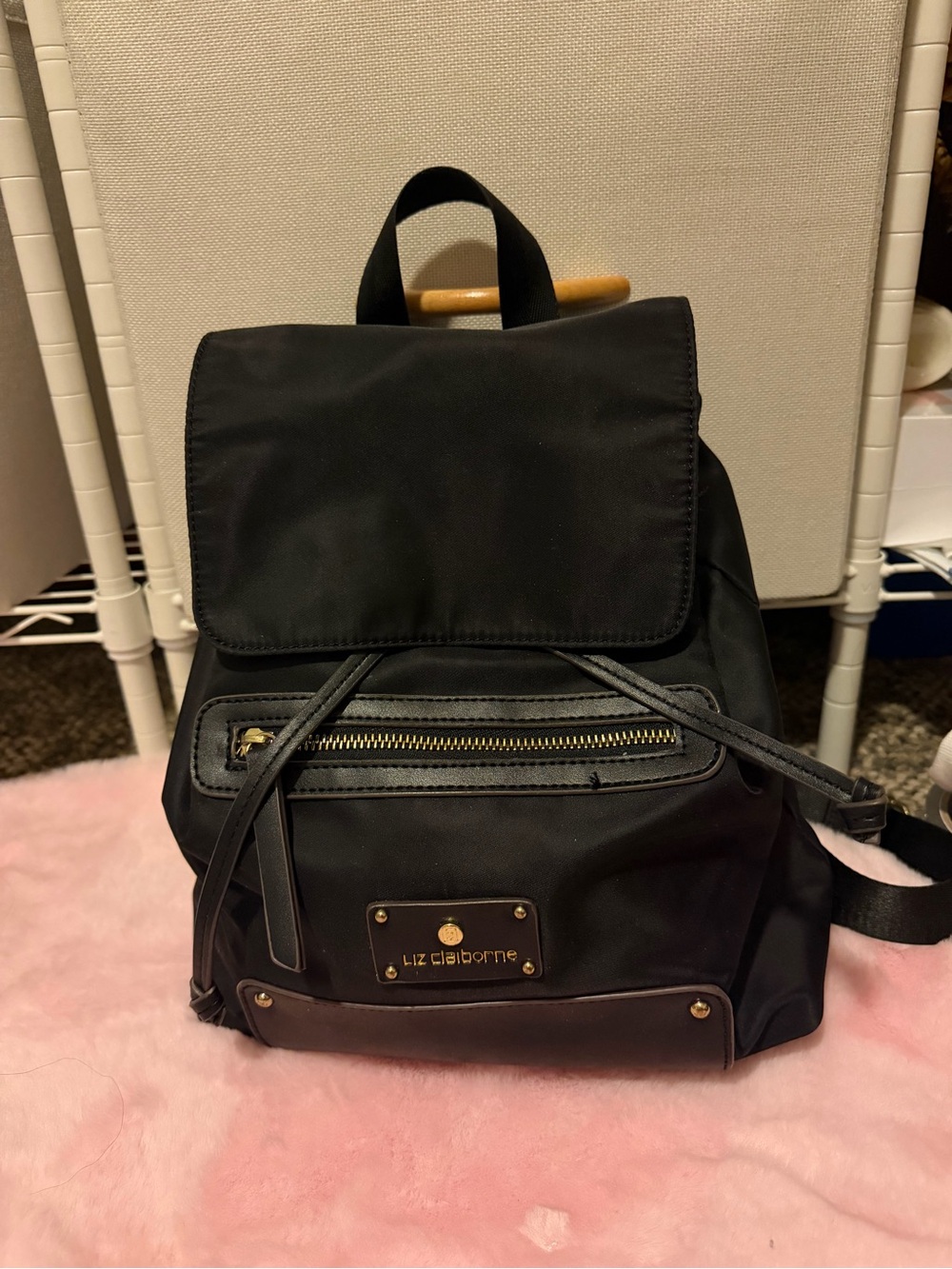 Liz Claiborne Black Nylon Mini Backpack with Gold Hardware